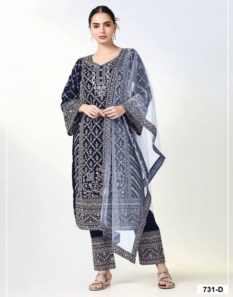 Navy georgette semi stitched suit with embroidery coding & sequence work