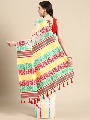 Off white woven pure cotton ethnic saree with blouse piece 3