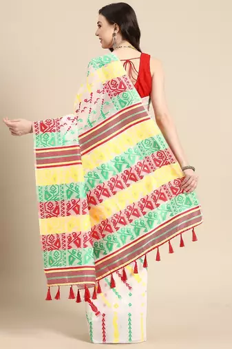 Off white woven pure cotton ethnic saree with blouse piece