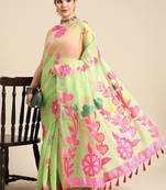 Green woven pure cotton ethnic saree with blouse piece