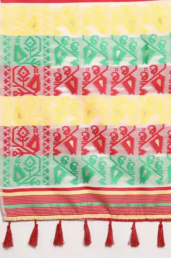 Off white woven pure cotton ethnic saree with blouse piece