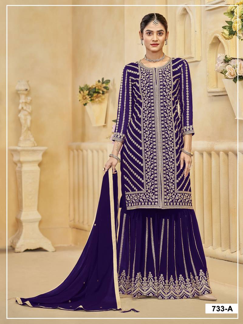 Violet georgette semi stitched suit with embroidery coding & sequence work