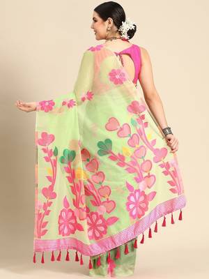 Green woven pure cotton ethnic saree with blouse piece 3