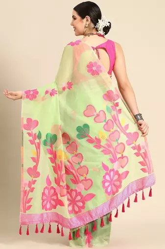 Green woven pure cotton ethnic saree with blouse piece