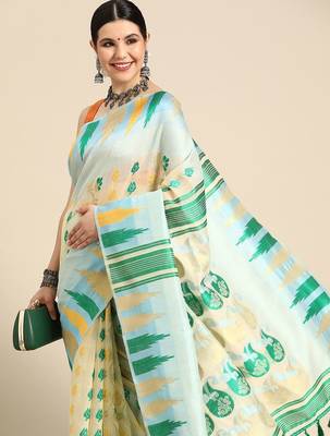 Blue woven pure cotton ethnic saree with blouse piece 1