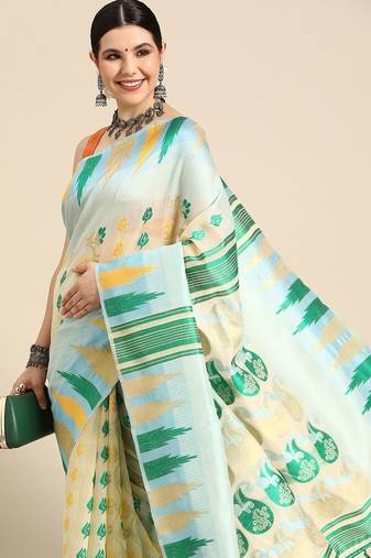 Blue woven pure cotton ethnic saree with blouse piece