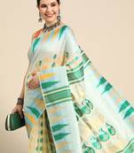 Blue woven pure cotton ethnic saree with blouse piece