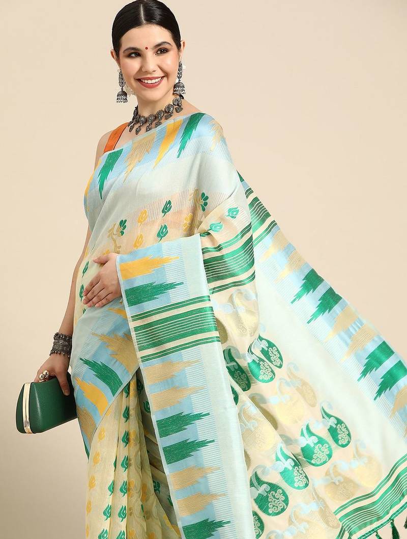 Blue woven pure cotton ethnic saree with blouse piece
