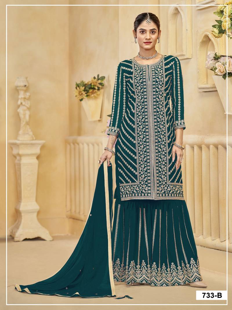 D green georgette semi stitched suit with embroidery coding & sequence work