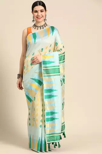 Blue woven pure cotton ethnic saree with blouse piece