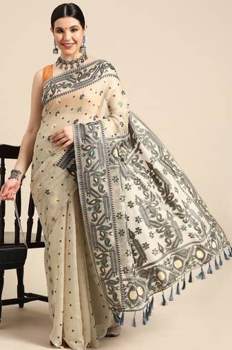 Black woven pure cotton ethnic saree with blouse piece