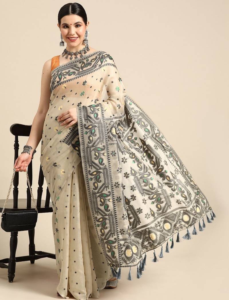 Black woven pure cotton ethnic saree with blouse piece