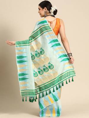 Blue woven pure cotton ethnic saree with blouse piece 3