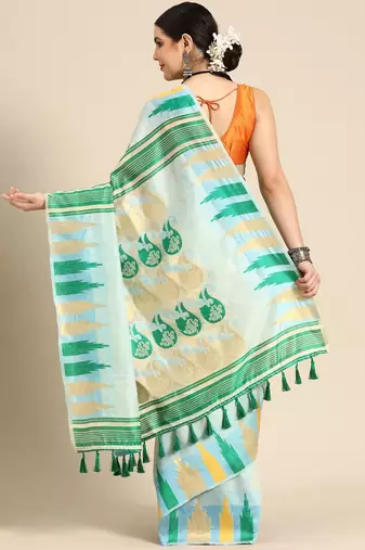 Blue woven pure cotton ethnic saree with blouse piece