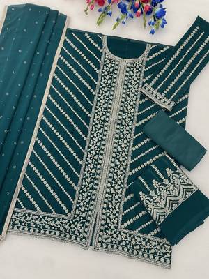 D green georgette semi stitched suit with embroidery coding & sequin  work 2