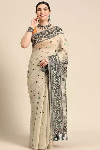 Black woven pure cotton ethnic saree with blouse piece