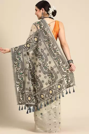 Black woven pure cotton ethnic saree with blouse piece