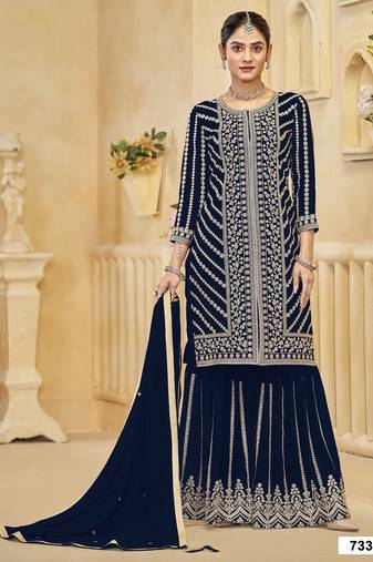 D blue georgette semi stitched suit with embroidery coding & sequence work