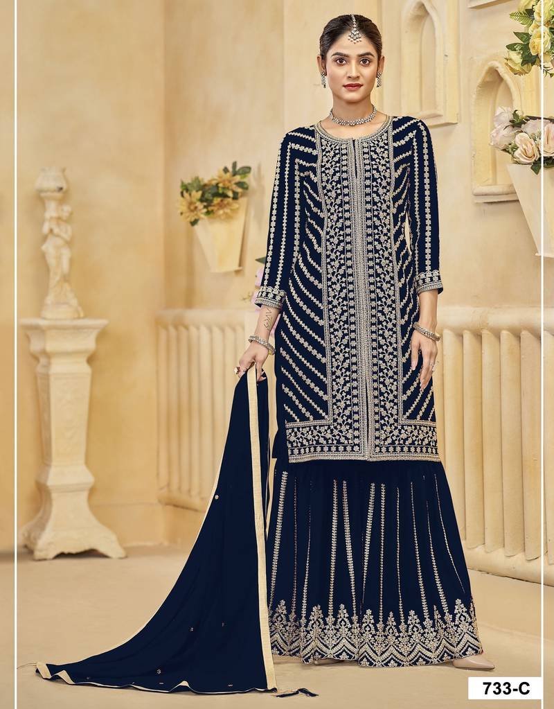 D blue georgette semi stitched suit with embroidery coding & sequence work