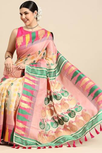 Pink woven pure cotton ethnic saree with blouse piece