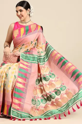 Pink woven pure cotton ethnic saree with blouse piece