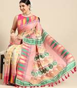 Pink woven pure cotton ethnic saree with blouse piece