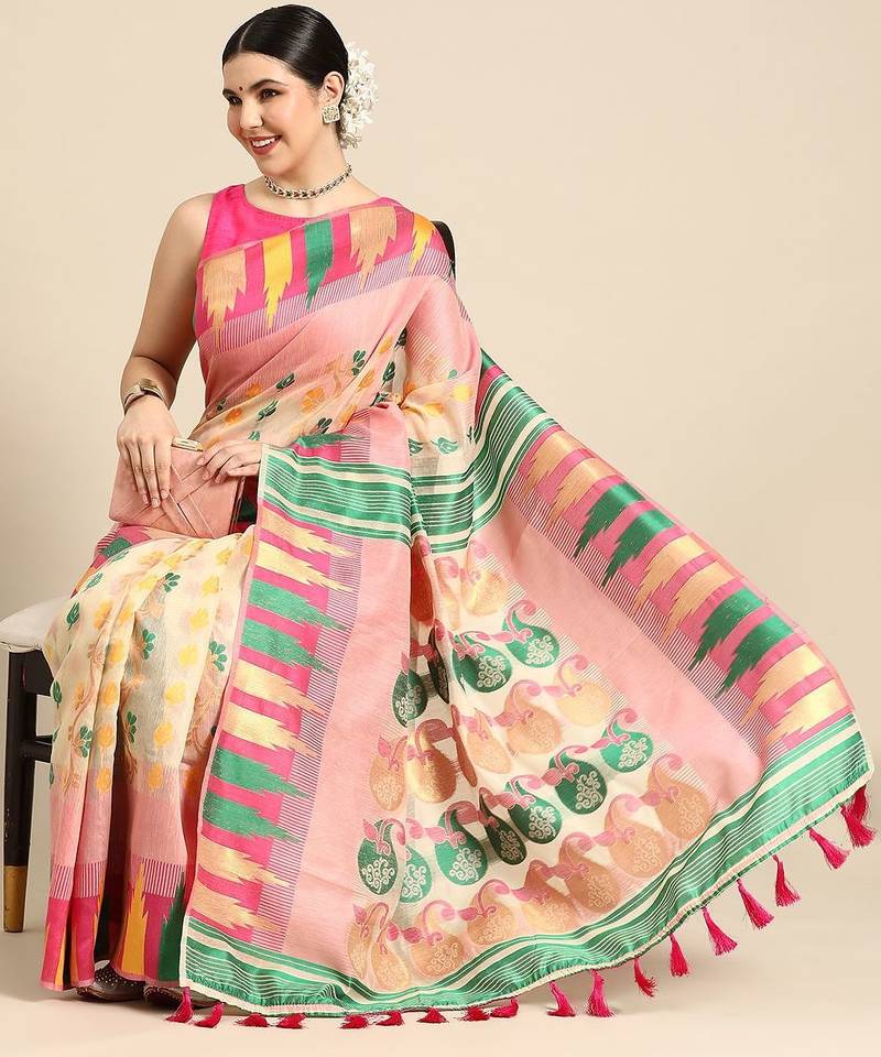 Pink woven pure cotton ethnic saree with blouse piece