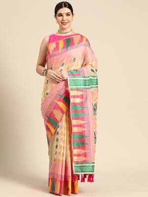 Pink woven pure cotton ethnic saree with blouse piece 2