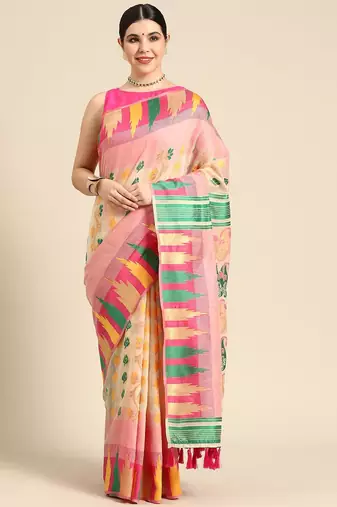 Pink woven pure cotton ethnic saree with blouse piece
