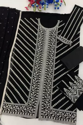 Black georgette semi stitched suit with embroidery coding & sequin  work