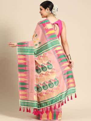 Pink woven pure cotton ethnic saree with blouse piece 3