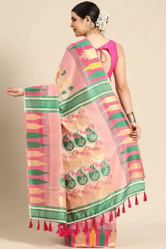 Pink woven pure cotton ethnic saree with blouse piece
