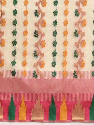 Pink woven pure cotton ethnic saree with blouse piece 4