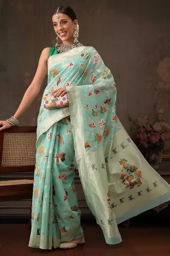 Teal woven pure cotton ethnic saree with blouse piece