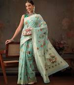 Teal woven pure cotton ethnic saree with blouse piece