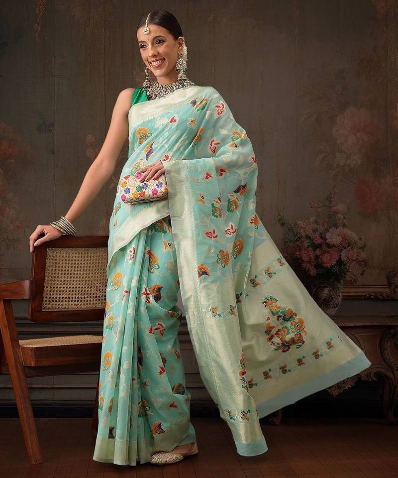 Teal woven pure cotton ethnic saree with blouse piece