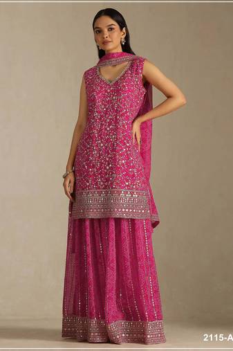 Rani pink faux georgette semi stitched suit with embroidery  & sequence work