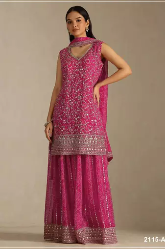 Rani pink faux georgette semi stitched suit with embroidery  & sequence work