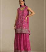 Rani pink faux georgette semi stitched suit with embroidery  & sequence work