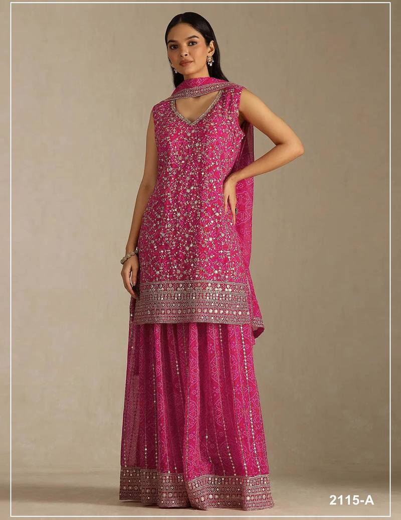 Rani pink faux georgette semi stitched suit with embroidery  & sequence work