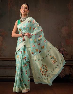 Teal woven pure cotton ethnic saree with blouse piece 2
