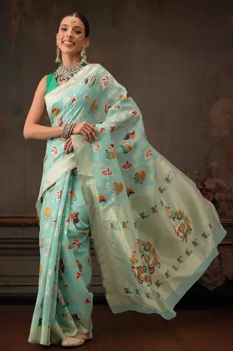 Teal woven pure cotton ethnic saree with blouse piece