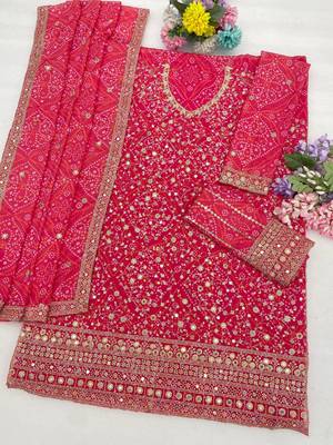 Rani pink faux georgette semi stitched suit with embroidery  & sequin  work 2