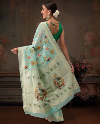 Teal woven pure cotton ethnic saree with blouse piece 3