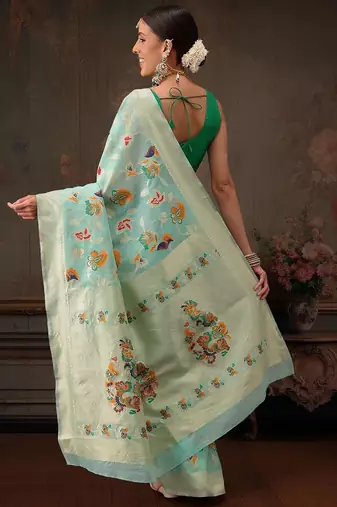 Teal woven pure cotton ethnic saree with blouse piece