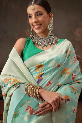 Teal woven pure cotton ethnic saree with blouse piece