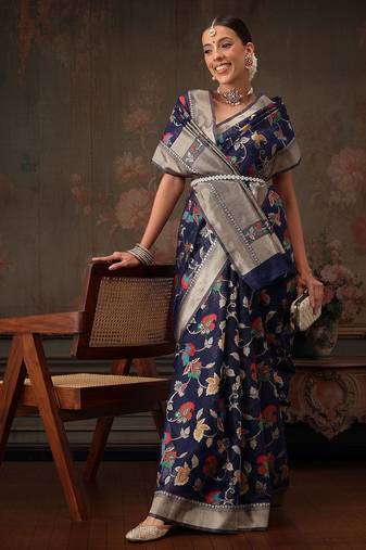 Navy blue woven pure cotton ethnic saree with blouse piece