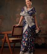 Navy blue woven pure cotton ethnic saree with blouse piece