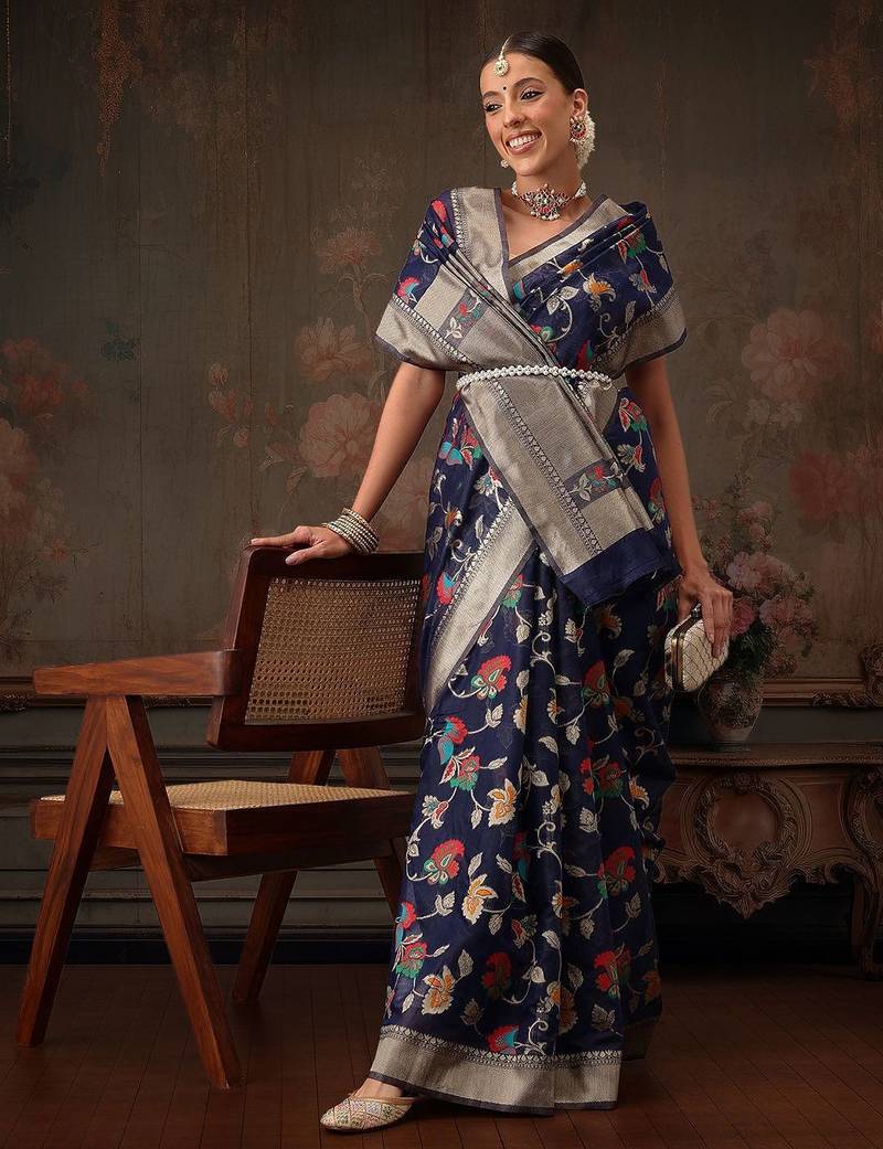 Navy blue woven pure cotton ethnic saree with blouse piece