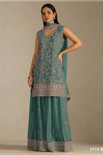 Blue faux georgette semi stitched suit with embroidery  & sequence work